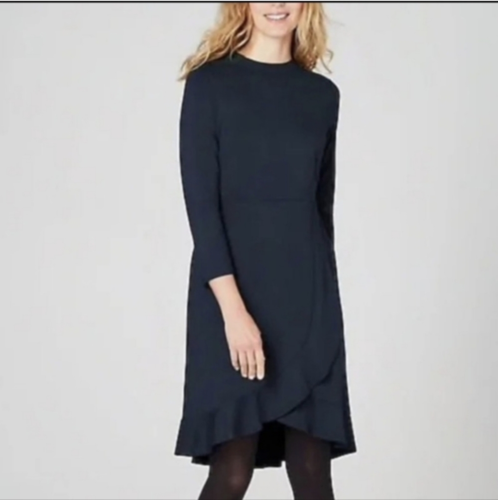 J Jill Womens Dress NWT Ponte Wrap Ruffle Navy Blue Quiet Luxury Old Money Large